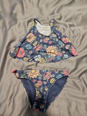 Roxy Girls Navy Floral Flounce Bikini Set with Pink & Yellow Accents
